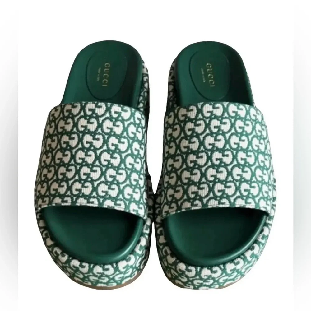 Gucci Angelina slide sandals GG logo platform emerald green canvas tan 39 - Picture 1 of 5